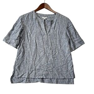 LL Bean Signature Linen Blend Top Blue Short Sleeve Size XS Nautical Chambray